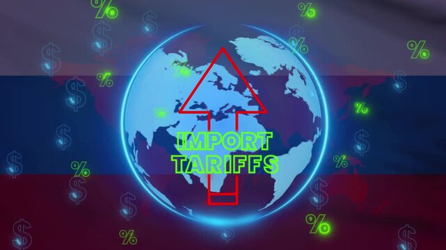 Import Tariffs Crisis: An abstract representation of import tariffs as a growing threat encircling the globe, set against a backdrop suggesting a nation's flag.