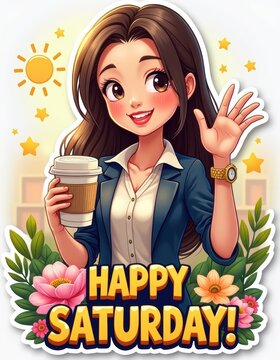 Cheerful Woman Waving with Coffee Cup and Floral Decorations for Saturday