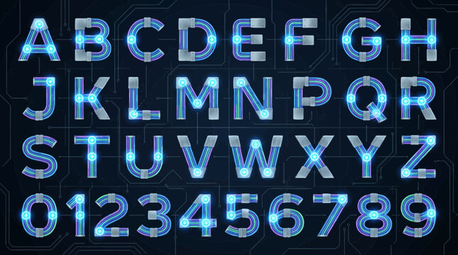 Futuristic neon alphabet and numbers composed of glowing blue cables and silver metallic connectors on a circuit board background
