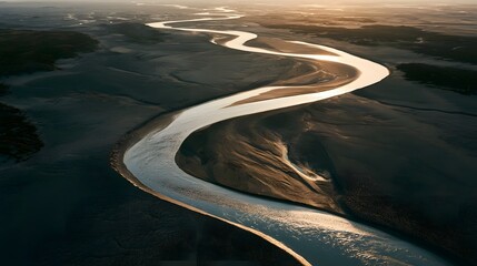 Fototapeta premium Wide aerial view of a winding desert river with cracked mud patterns at sunset