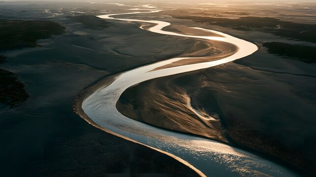Wide aerial view of a winding desert river with cracked mud patterns at sunset