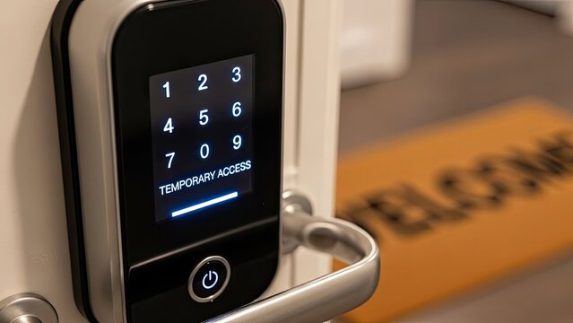 Smart lock on a door with a keypad showing numbers & temporary access prompt. Doormat visible