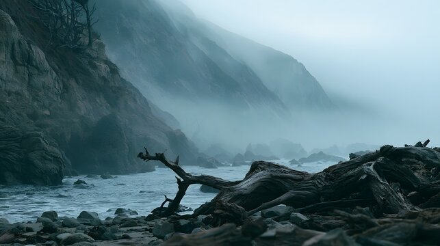 Foggy coastal cliff with weathered driftwood