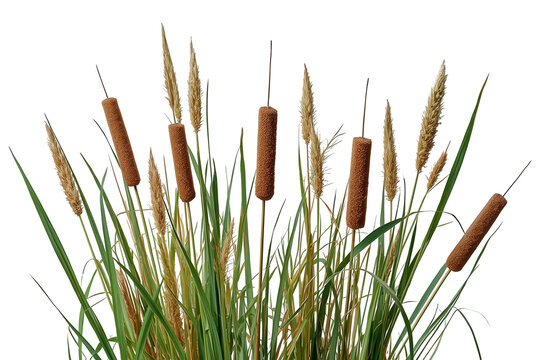 Tall cattail reeds and ornamental grasses isolated on transparent background