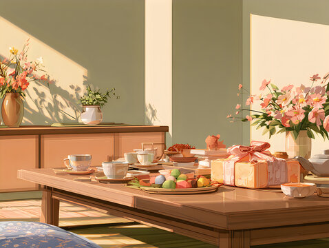 Cozy dining table set with flowers and gifts in a sunlit living room interior