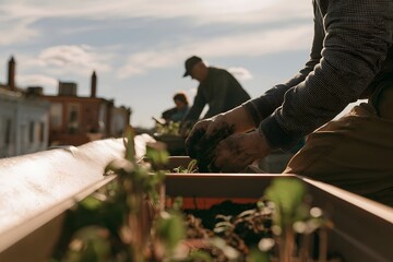 Fototapeta premium Distant silhouette of a senior couple gardening on an urban rooftop