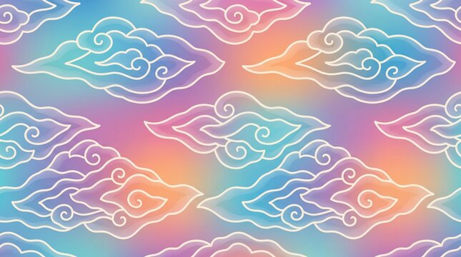 Seamless batik mega mendung cloud pattern on holographic pastel gradient background