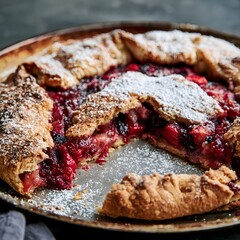 Fototapeta premium Rustic galette served on worn baking sheet with moody lighting