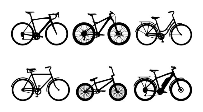 70 Diverse Bicycle Silhouettes Collection: Road, Mountain, City, BMX, Electric Bikes Vector Icons for Transport and Sport Graphics 100