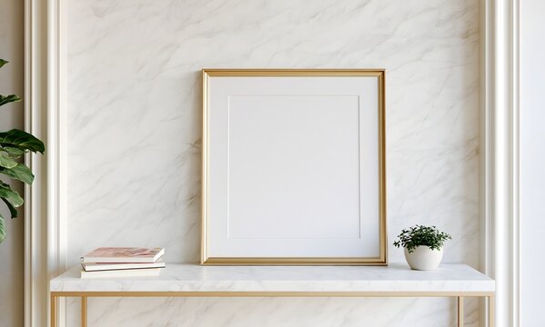 A bright luxurious hallway interior, an empty slim brushed gold picture frame in exact 2:3 portrait ratio, white matte inside ready for artwork