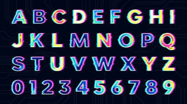 An alphabet and numeric set in a glitcheffect font with neoncolored outlines on a dark circuit board background