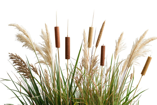 Dense mixed cattail reeds and meadow grasses isolated on transparent background