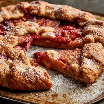 Rustic galette served on worn baking sheet with moody lighting