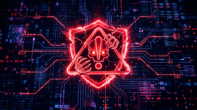 Cybersecurity threat concept with red glowing skull and exclamation mark inside a protective shield and triangle on a dark digital circuit background with binary data.