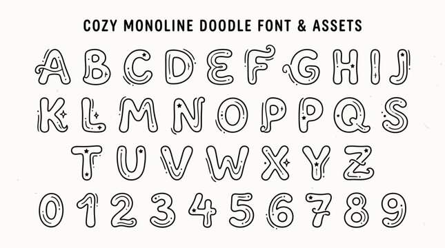 A graphic display of an English alphabet and numerals in a handdrawn monoline doodlestyle font