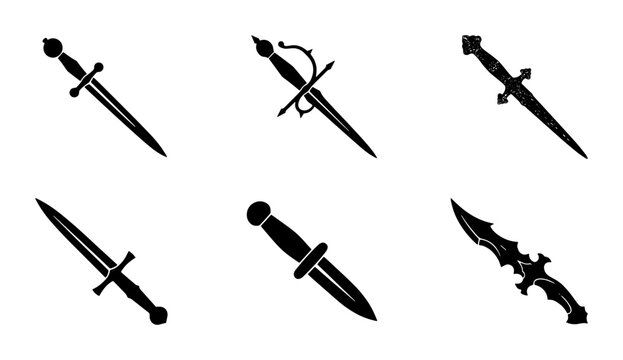 70 Collection of six distinct dagger icons, medieval weapon silhouettes, historical combat blades, fantasy sword emblems, graphic resource set 100