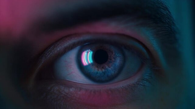 Cinematic Close Up of Human Eye Illuminated by colorful reflected light. 