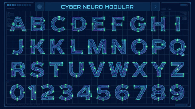 A hightech font set featuring neon blue circuit board patterns on a dark grid