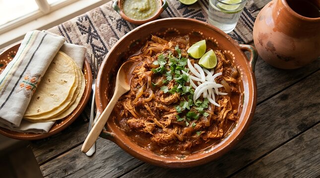 A rustic and authentic presentation of flame-chicken tinga served in a traditional clay bowl with warm tortillas on a wooden table for a dinner