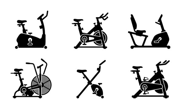 70 Stationary Bike Vector Icons Set, Cycling Exercise Machine Silhouettes, Indoor Fitness Equipment Collection 100