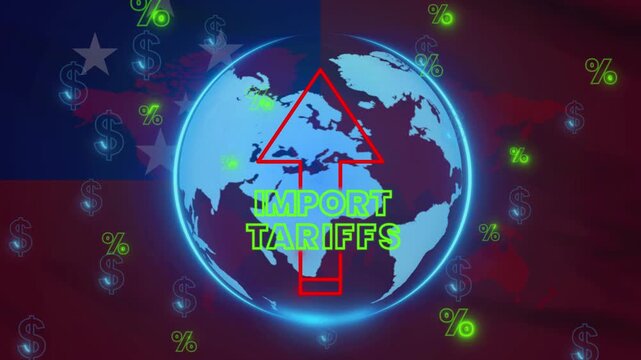 Global Import Tariffs: Earth with an upward arrow, signifying rising import tariffs. Surrounded by currency symbols and percentages, set against a backdrop with flag elements.