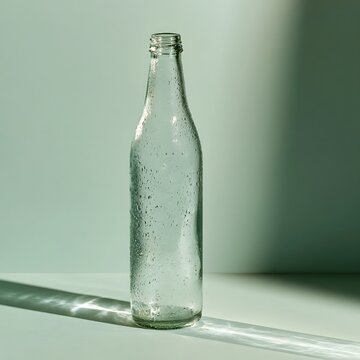 Minimalist Glass Water Bottle with Condensation on Sage Green