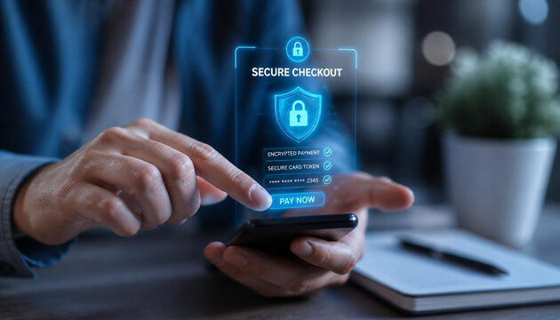 Digital hand tapping glowing virtual secure checkout interface screen for encrypted online financial mobile payment transaction