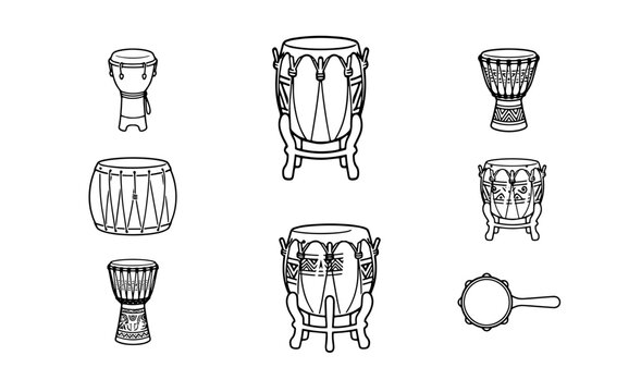 70 Collection of diverse percussion instruments, hand drums, and bongo drums, outlined vector graphics for musical rhythm and performance 100