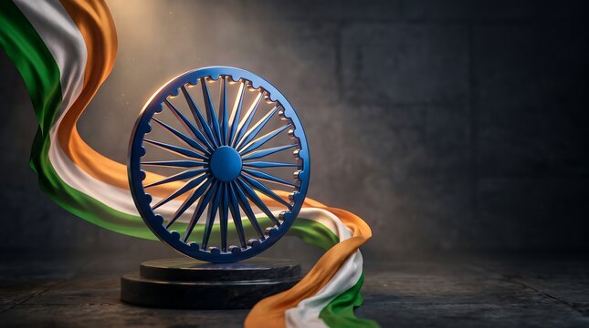 Ashoka Chakra emblem rests on a stone pedestal surrounded by flowing tricolor drapes.