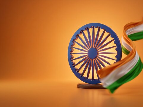 Ashoka Chakra stands prominently with a waving Indian flag against a warm orange background to celebrate national heritage.