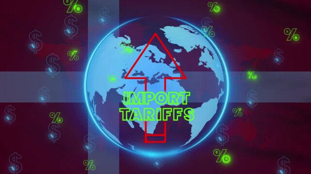 Rising Import Tariffs Symbolized by Global Earth: Graphic illustration of rising import tariffs depicted by a red upward arrow over a glowing Earth.