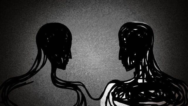 person with a dark tangled mass emerging from their head and forming a dark double representing the psychological shadow