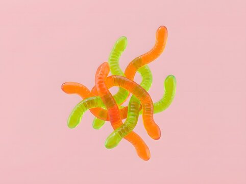 A pile of bright orange and green gummy worms isolated on a soft pink background for a fun halloween treat