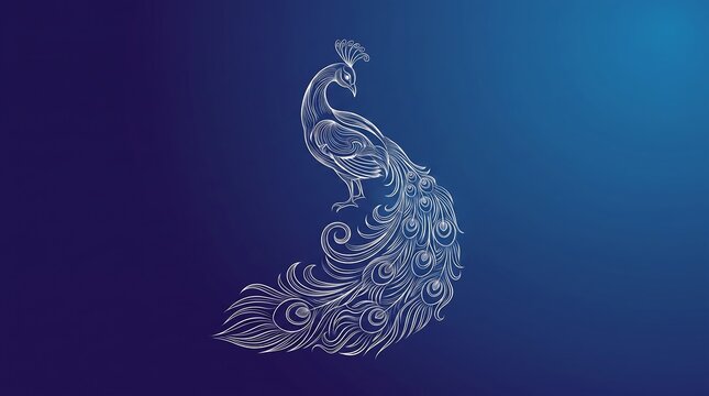 Elegant white outlined peacock on blue gradient background