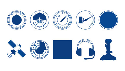 Aircraft flight instruments and cockpit technology icon set horizon altimeter fuel gauge satellite radar headset joystick vector illustration © Khairul