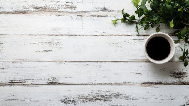 White wooden table with coffee cup and plant
