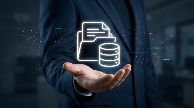 A business person holding a glowing digital file folder and database icon representing cloud storage and information management systems