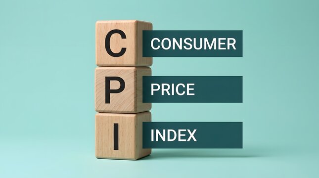 Wooden blocks stacked vertically spelling out cpi with text labels for consumer price index on a light blue background
