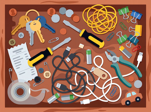 classic, colorful junk drawer packed with a random assortment of office supplies, tools, keys, and miscellaneous household items flat color graphic illustration