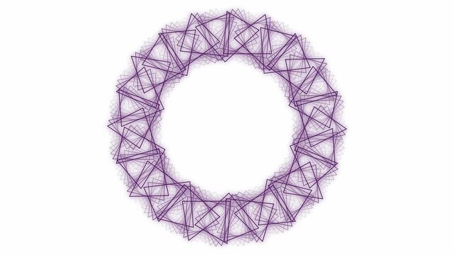 Abstract geometric purple mandala animation, rotating wireframe circular frame of overlapping squares on white background for loopable motion graphics.