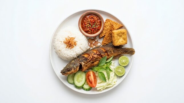 Top Down Indonesian Pecel Lele Crispy Fried Catfish Steamed Rice Spicy Sambal Tofu Tempeh Cucumber

