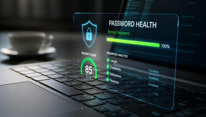 Naklejka premium Digital security dashboard showing strong password health scores projected over a professional laptop workspace at night