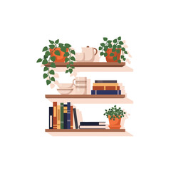 Fototapeta premium Flat Vector Illustration of a Wooden Bookshelf with Potted Plants and Books