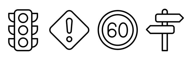 Traffic signal and road warning sign with speed limit icon and directional signs set lines.