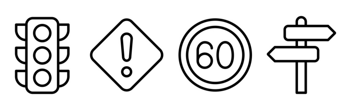 Traffic signal and road warning sign with speed limit icon and directional signs set lines.