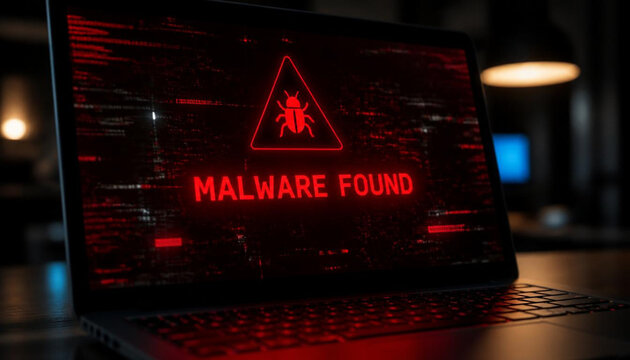 Malware alert warning displayed on a laptop screen with glowing red digital text and bug icon