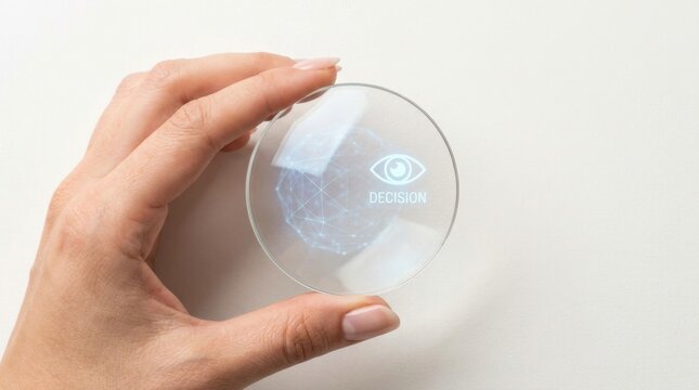 Human hand rotating a glass optical lens to illustrate the concept of ai decision-making and visual technology