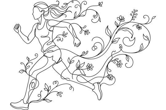 Continuous line art illustration of a woman running with floral elements.