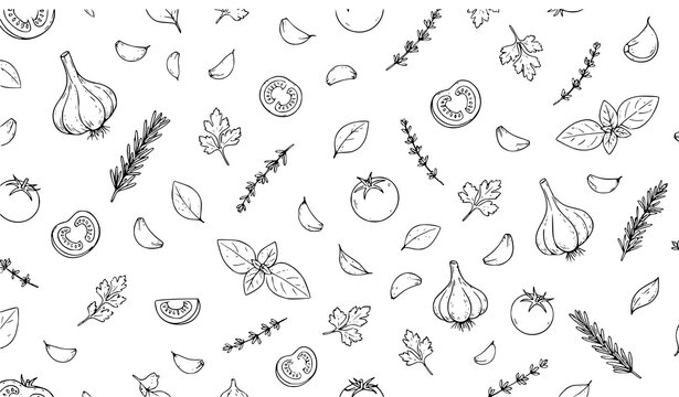 Hand-drawn pattern with garlic, tomatoes, and herbs. Soft blue sketch on cream background. Ideal for kitchen, food, or recipe-themed designs. Minimalist and clean style suits print and digital use