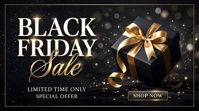 Black friday sale banner with gift box and gold ribbon